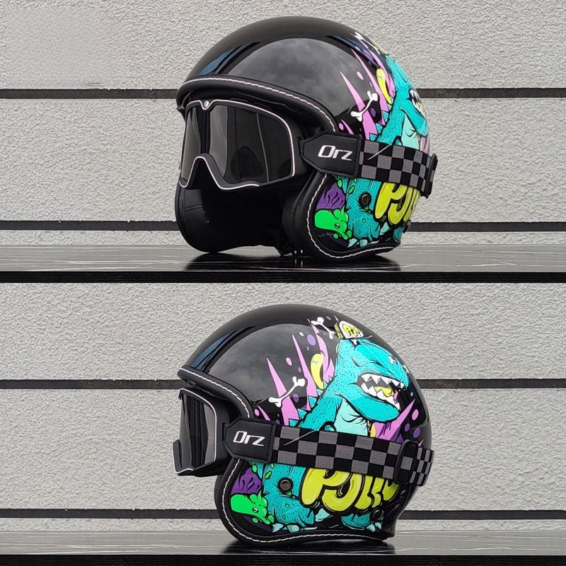 Retro-style open-face motorcycle helmet with built-in visor-I22
