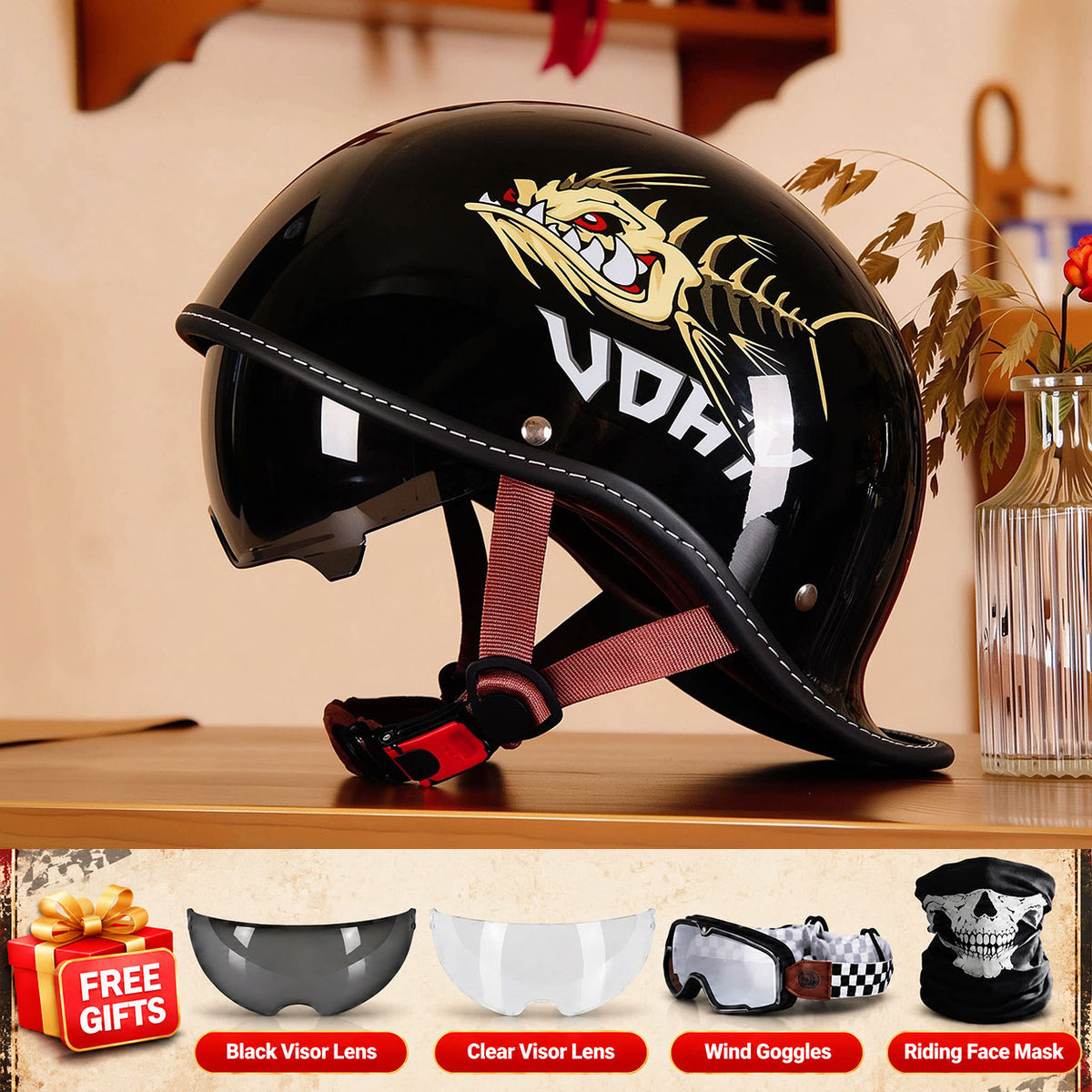 Retro-style motorcycle half-helmet with a ducktail design-I298