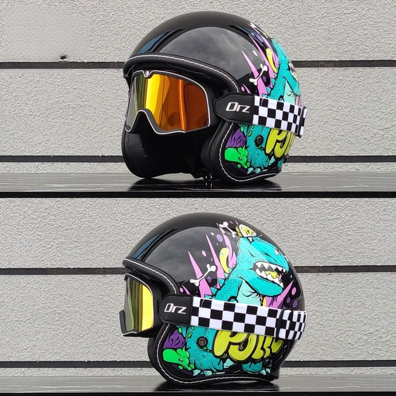 Retro-style open-face motorcycle helmet with built-in visor-I22