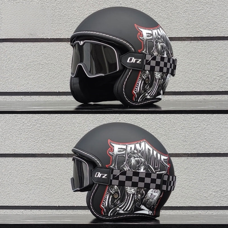 Retro-style open-face motorcycle helmet with built-in visor-I22