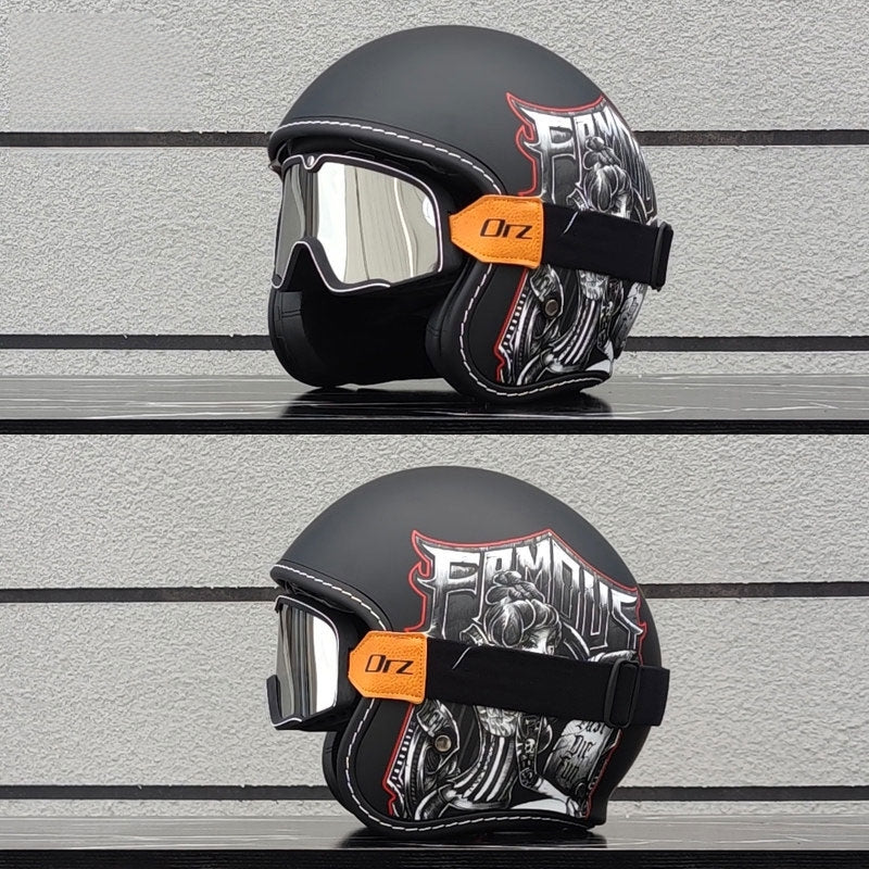 Retro-style open-face motorcycle helmet with built-in visor-I22