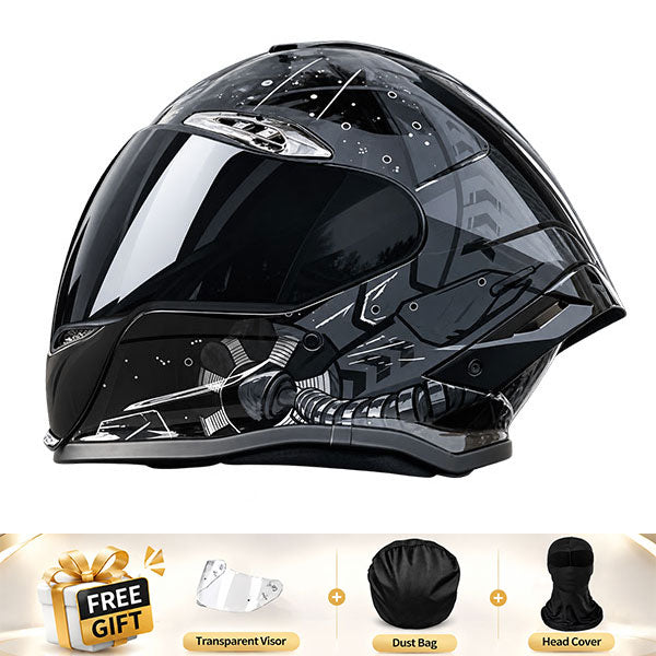 Cool full-face motorcycle helmet, featuring a rear spoiler and an extended visor-I308