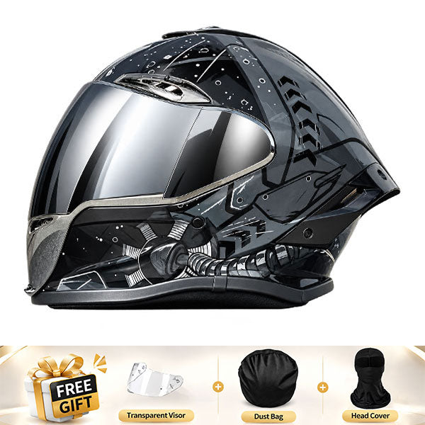 Cool full-face motorcycle helmet, featuring a rear spoiler and an extended visor-I308