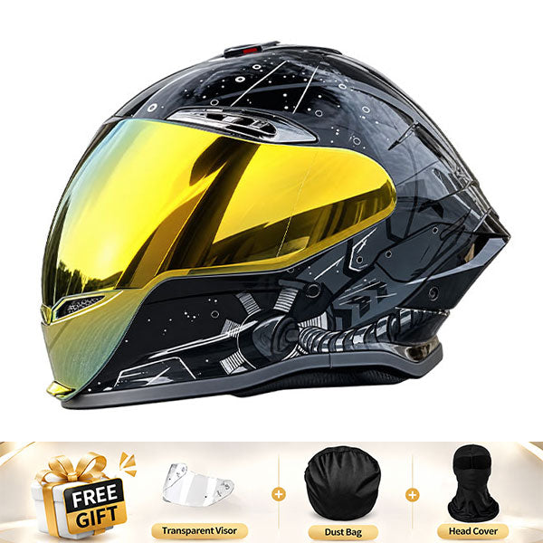 Cool full-face motorcycle helmet, featuring a rear spoiler and an extended visor-I308