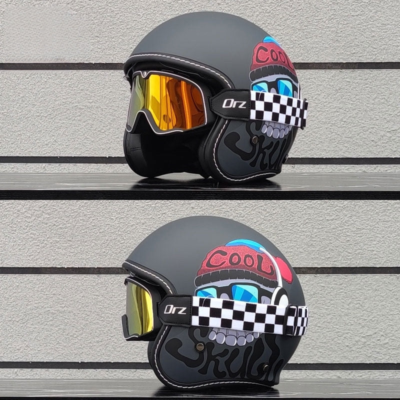 Retro-style open-face motorcycle helmet with built-in visor-I22