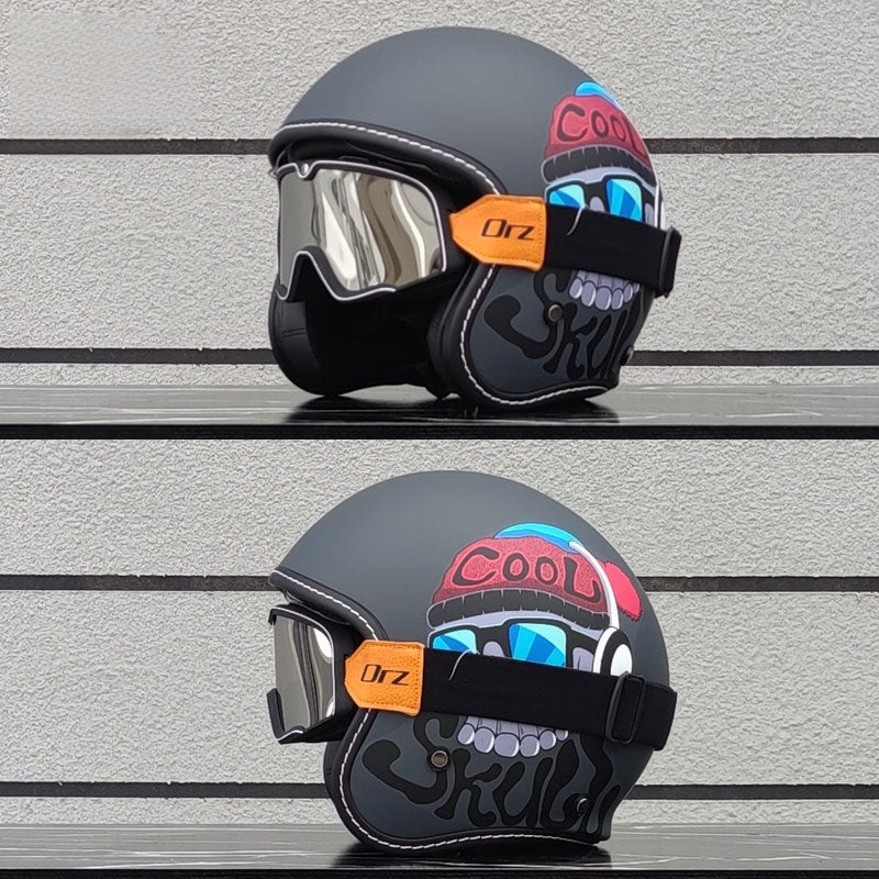 Retro-style open-face motorcycle helmet with built-in visor-I22