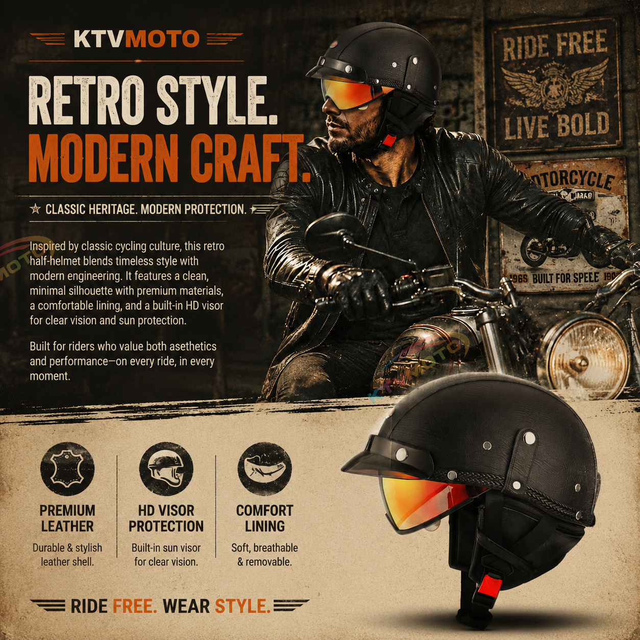 Retro open-back leather motorcycle helmet visor – I35