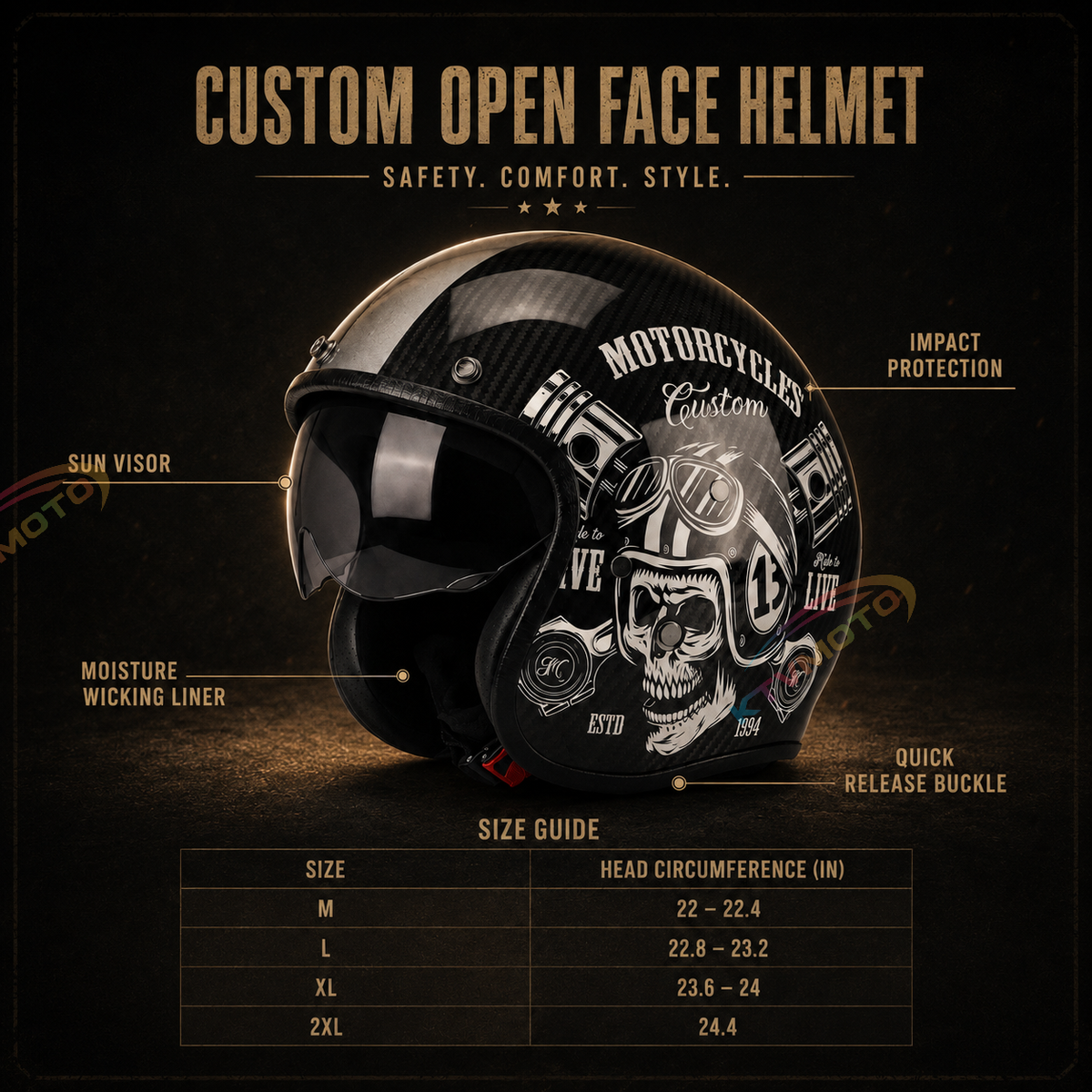 KTVMOTO Classic cruise half-helmet with carbon fiber texture, Harley style-I34