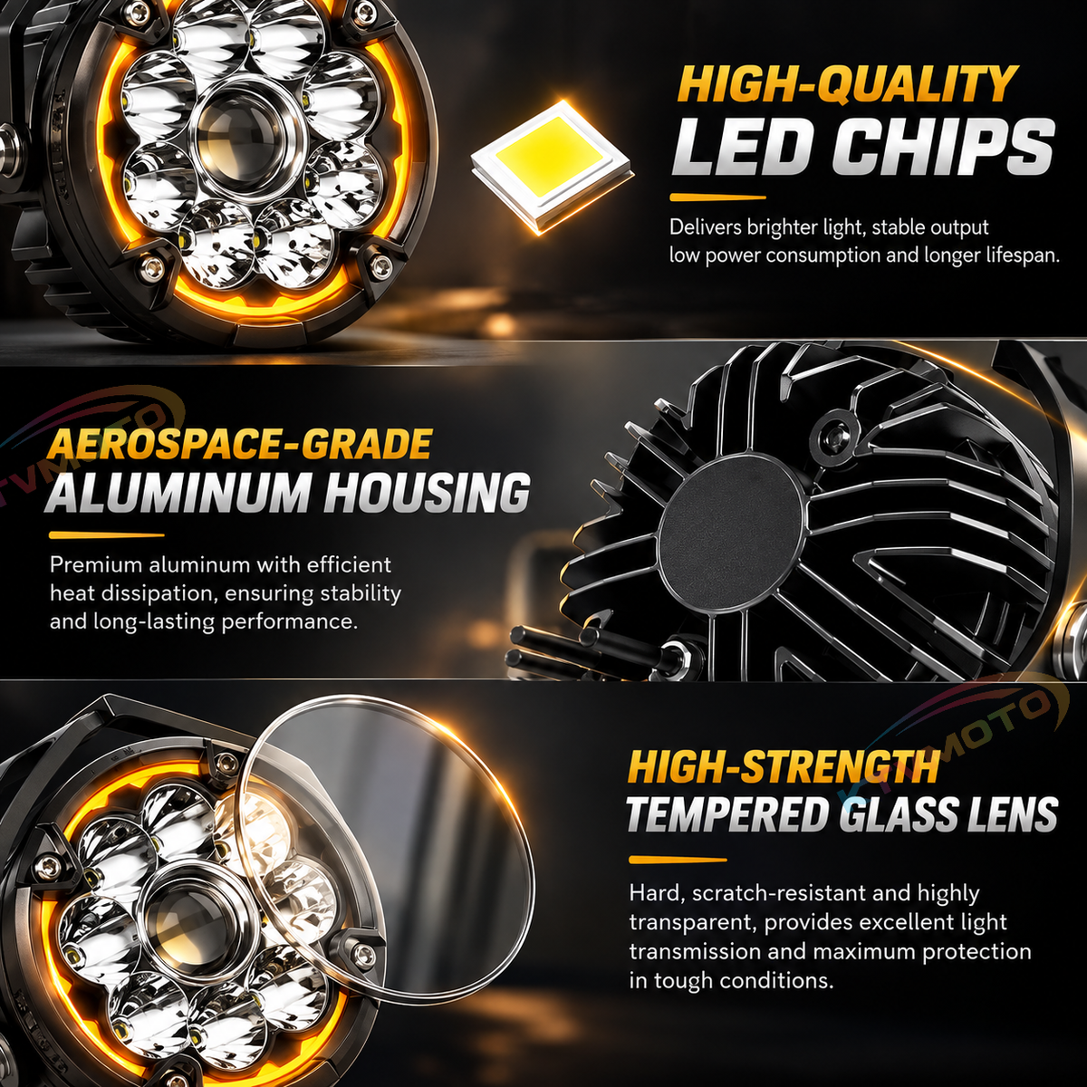KTVMOTO Dual LED Motorcycle Driving Lights with Amber Halo-D28