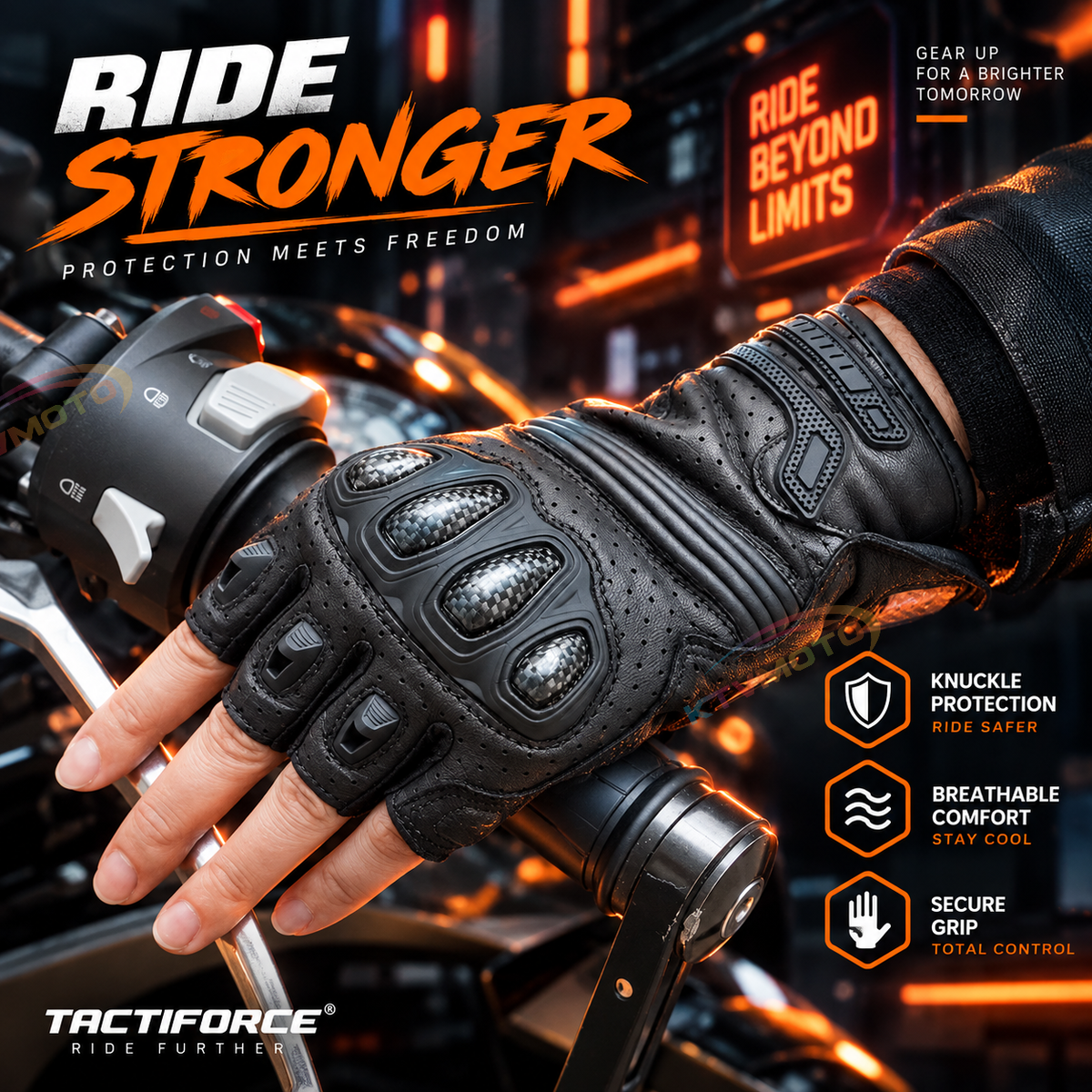 KTVMOTO Motorcycle Carbon Fiber and Leather Fingerless Gloves-G45
