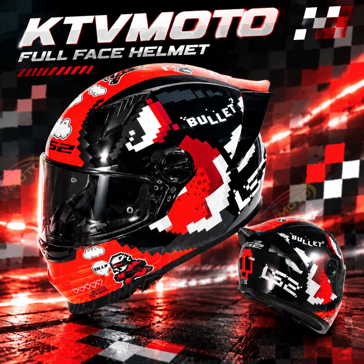 Full-face motorcycle helmet with a large rear spoiler and mosaic pattern-I312