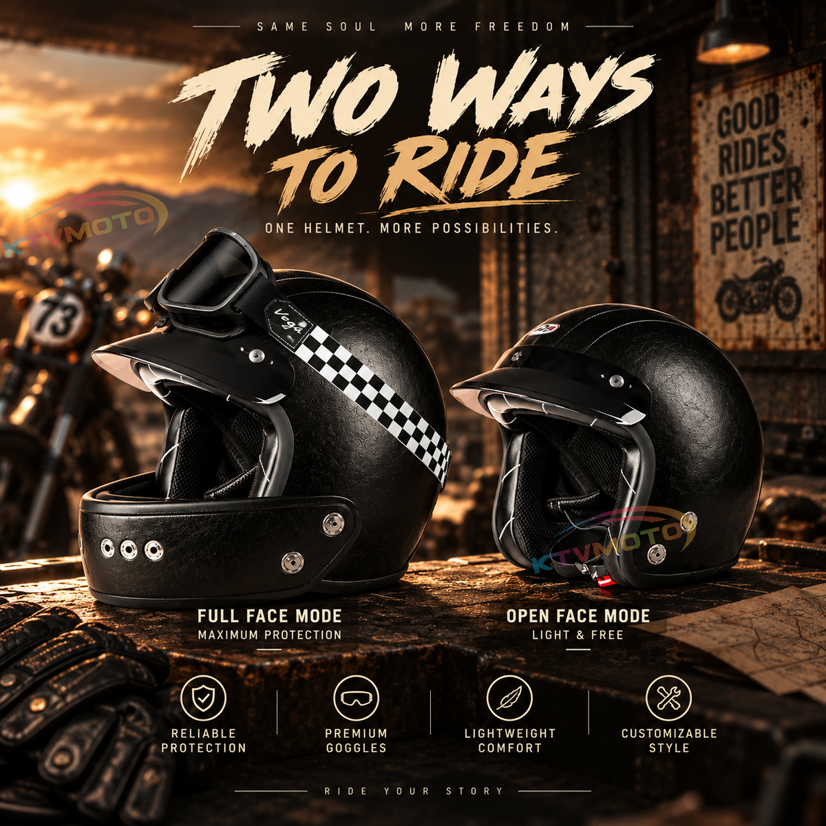 KTVMOTO Retro full-face motorcycle helmet with retro goggles – I36