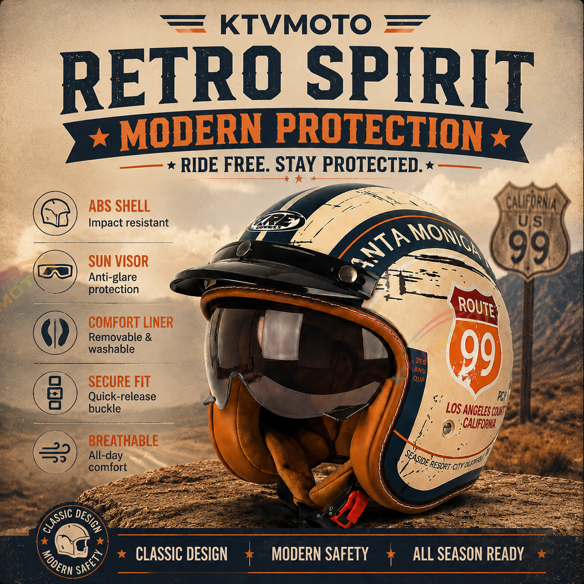 Retro Route 99 Open Face Motorcycle Helmet DOT Approved-I09