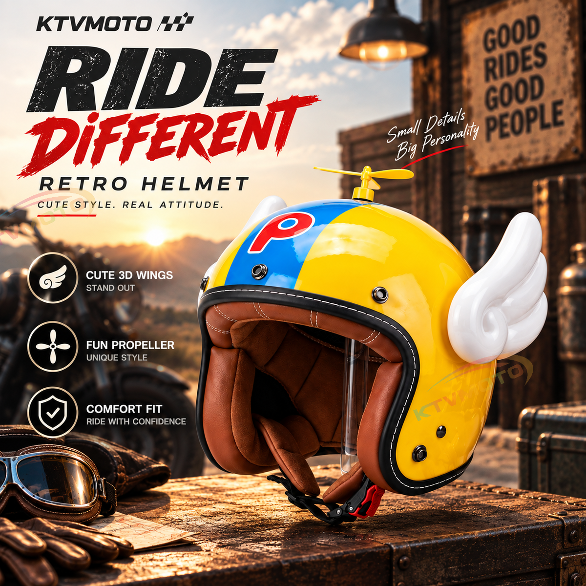 KTVMOTO Bowknot Wing Retro Open Face Motorcycle Helmet-I33