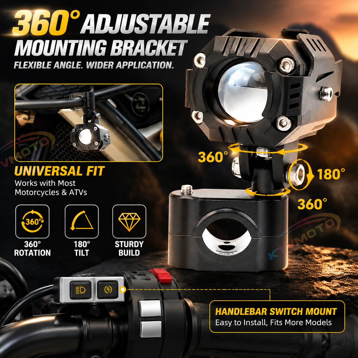 KTVMOTO Motorcycle LED Fog Lights with Yellow Beam & Adjustable Mount-D36