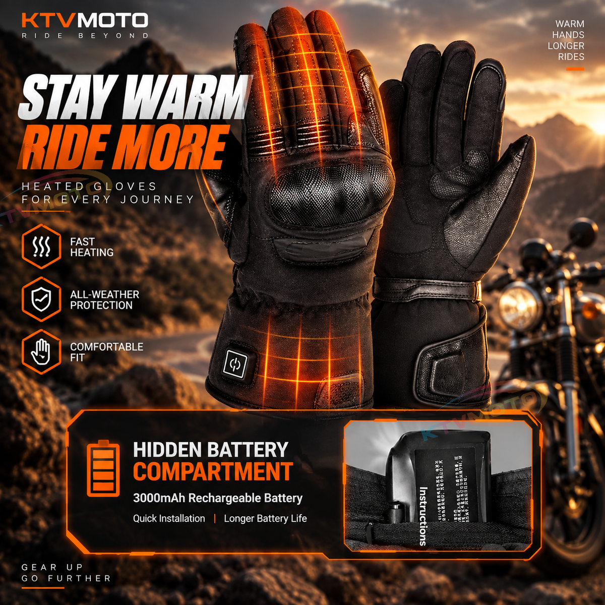 KTVMOTO Heated Genuine Leather Motorcycle Gloves with Hard Protective Cover - G26