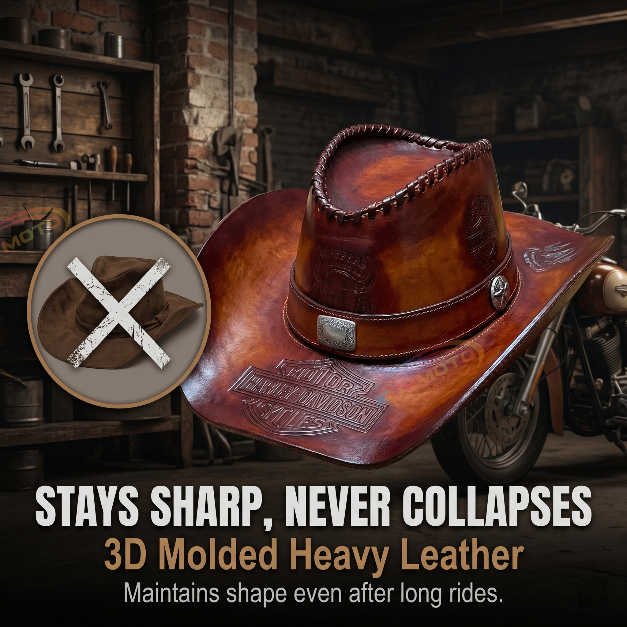 Retro genuine leather motorcycle cowboy riding cap-I115
