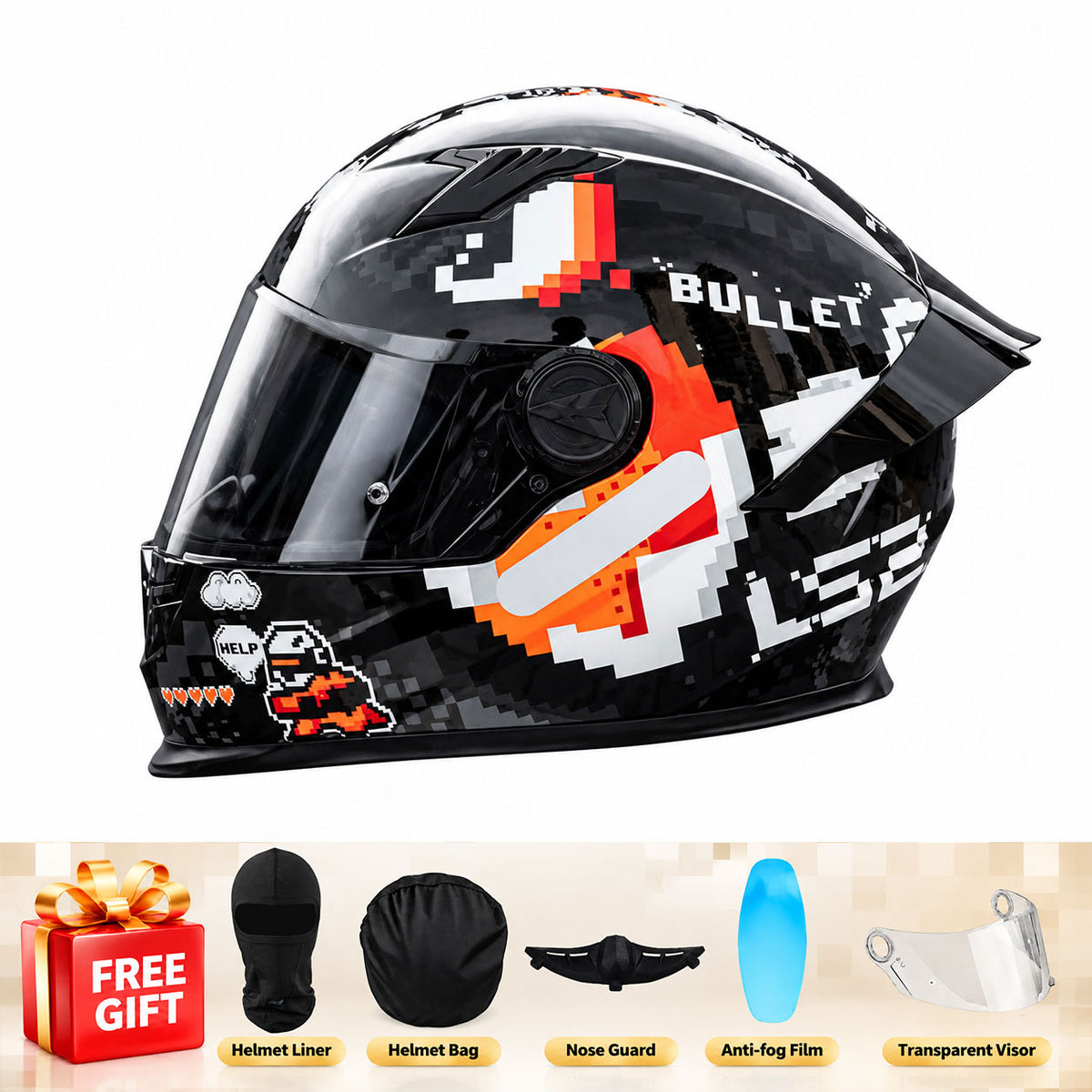 Full-face motorcycle helmet with a large rear spoiler and mosaic pattern-I312