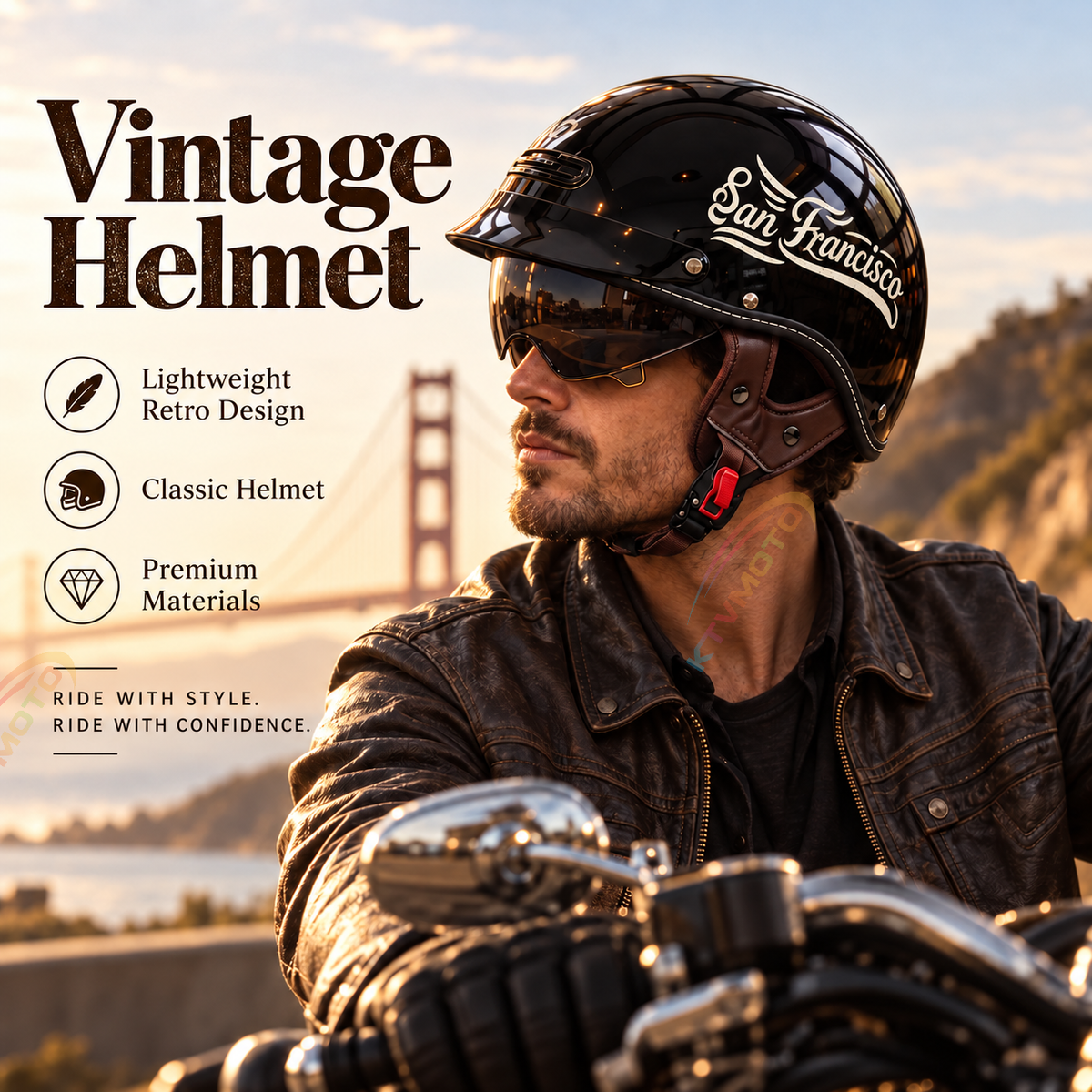 KTVMOTO Retro Motorcycle Half Helmet with ABS Shell & EPS Liner-I302
