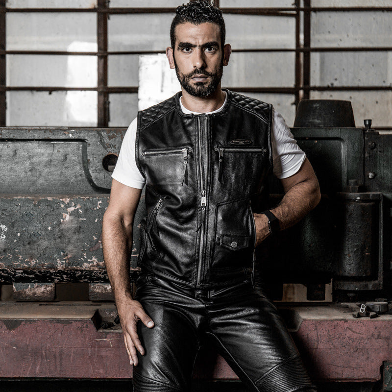 Harley leather vest round neck yellow cowhide vest-A32