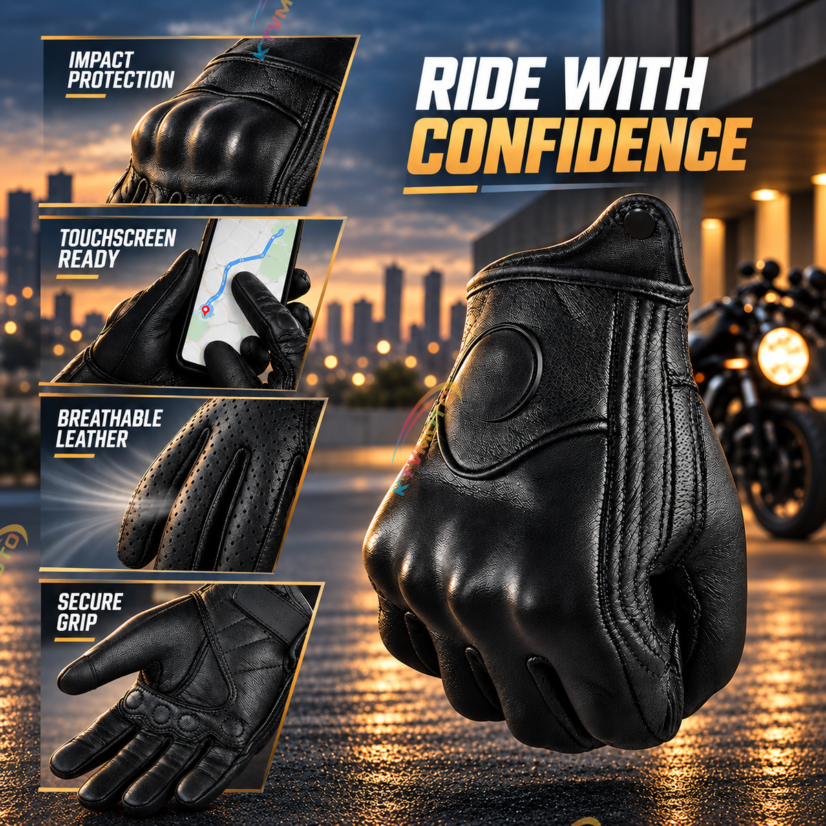 KTVMOTO Touchscreen Genuine Leather Motorcycle Riding Gloves - G105