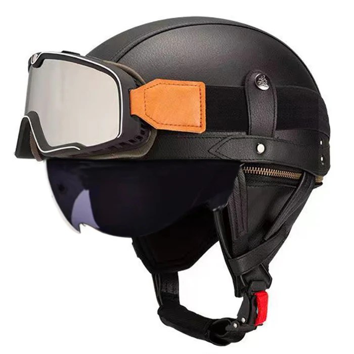 DOT Vintage Leather Motorcycle Helmet with Goggles- I06