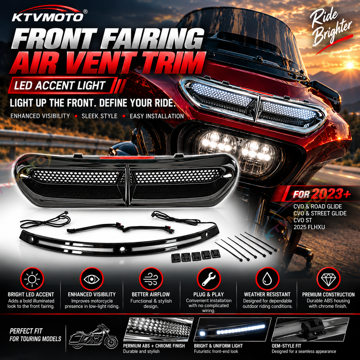 KTVMOTO Harley LED Auxiliary Light Soft Glow Trim Strip-ML07