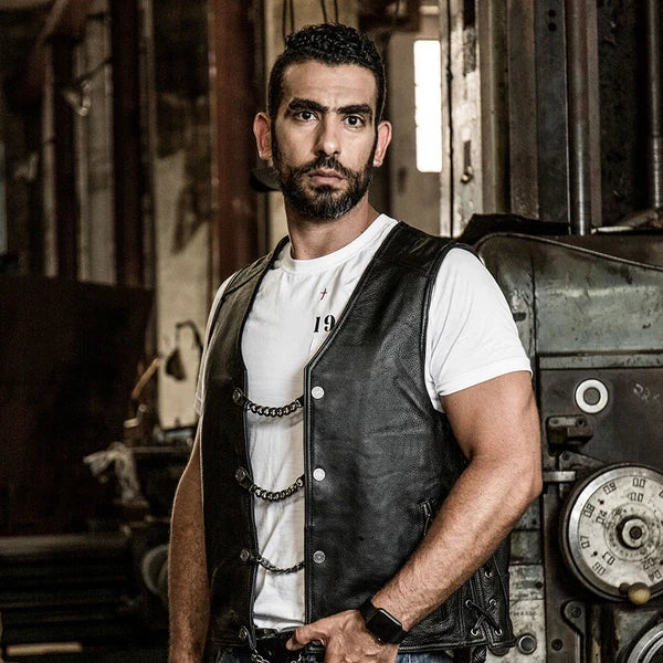 Harley vest steel chain genuine leather vest-A34
