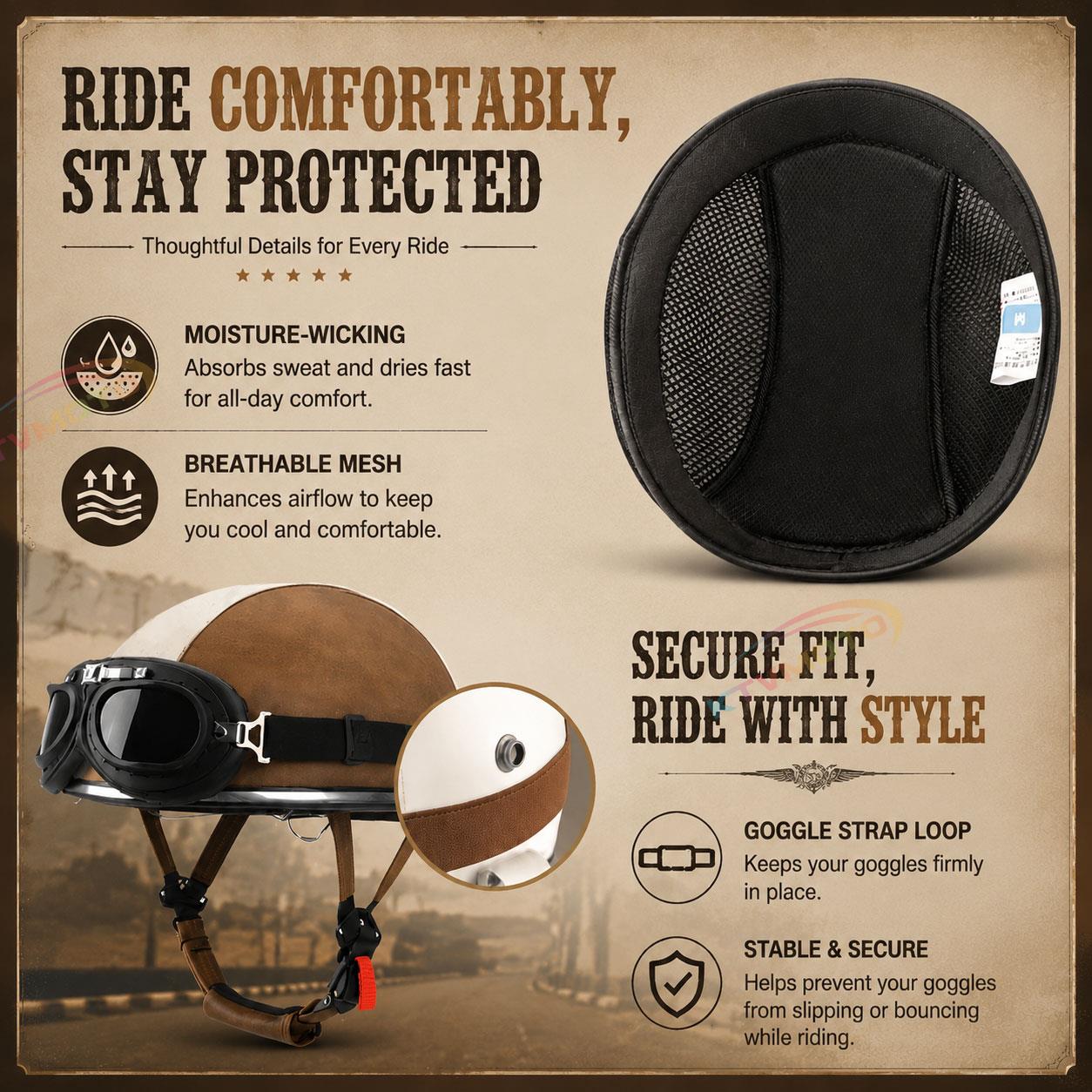 Retro two-tone cruiser motorcycle helmet with goggles-I23