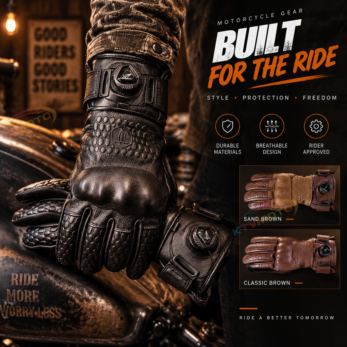 KTVMOTO Autumn/Winter Warm Retro Cowhide Motorcycle Gloves-G48