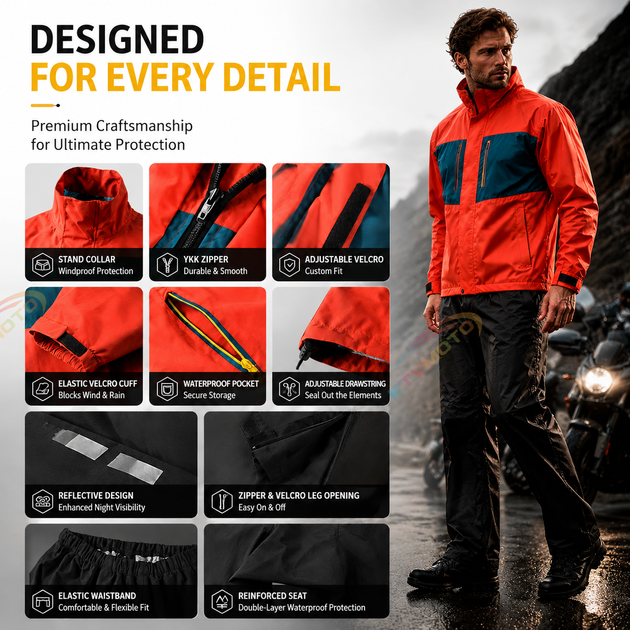 Heavy-Duty Waterproof Two-Piece Motorcycle Rain Suit-J92