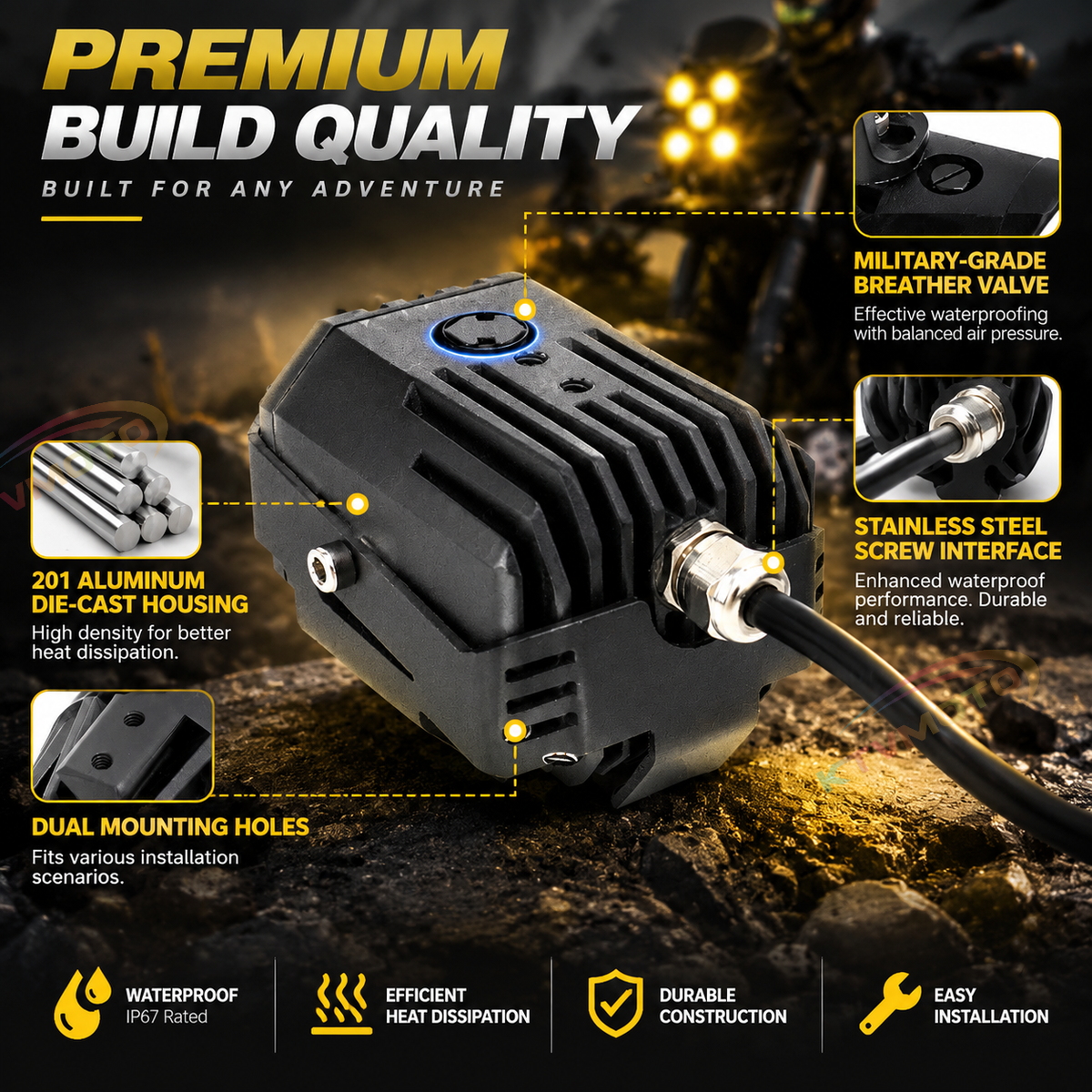 KTVMOTO Motorcycle LED Fog Lights with Yellow Beam & Adjustable Mount-D36