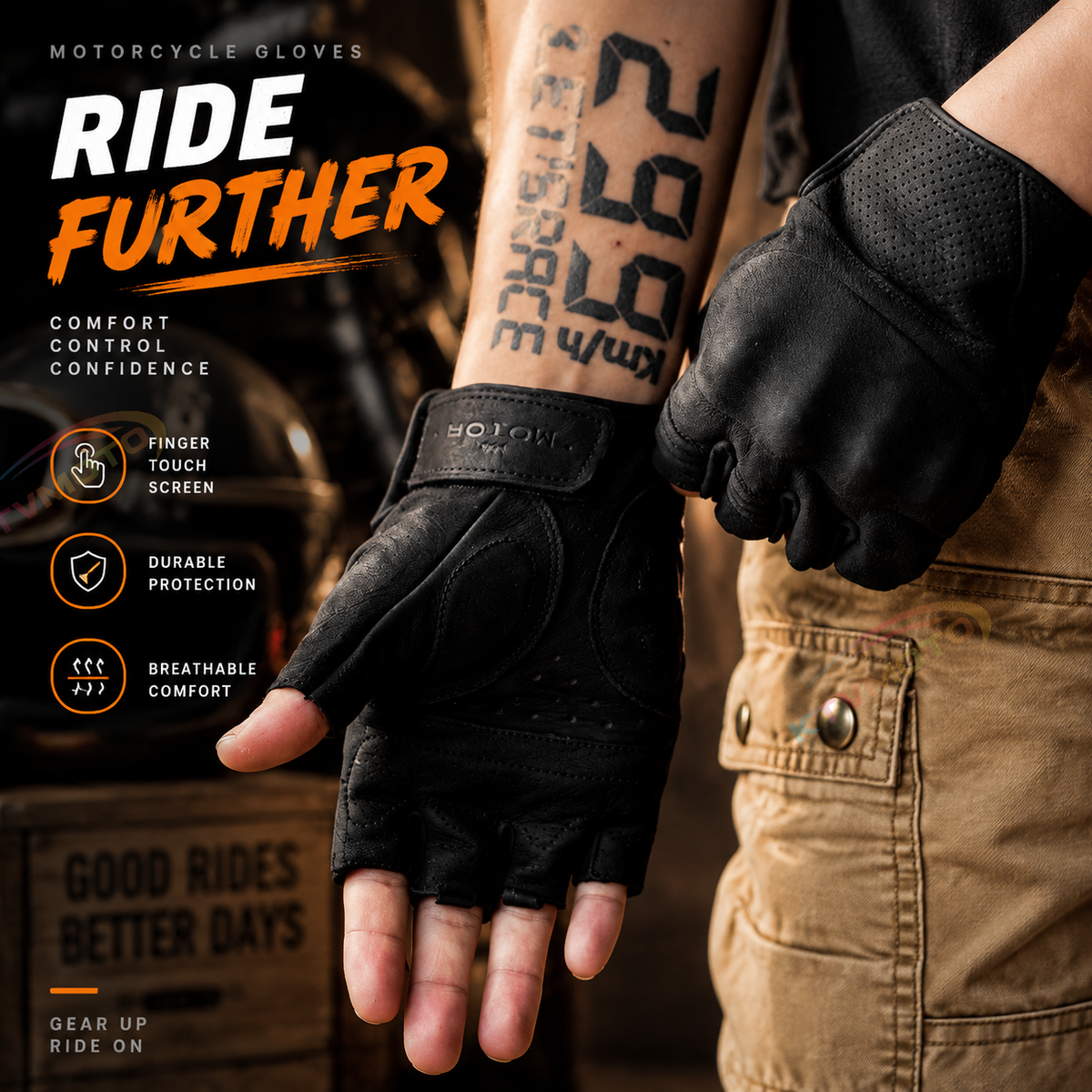 KTVMOTO Retro Motorcycle Rider Genuine Leather Half-Finger Gloves - G37