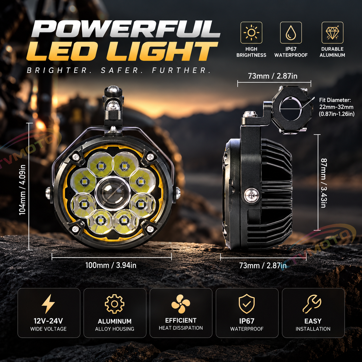 KTVMOTO Dual LED Motorcycle Driving Lights with Amber Halo-D28