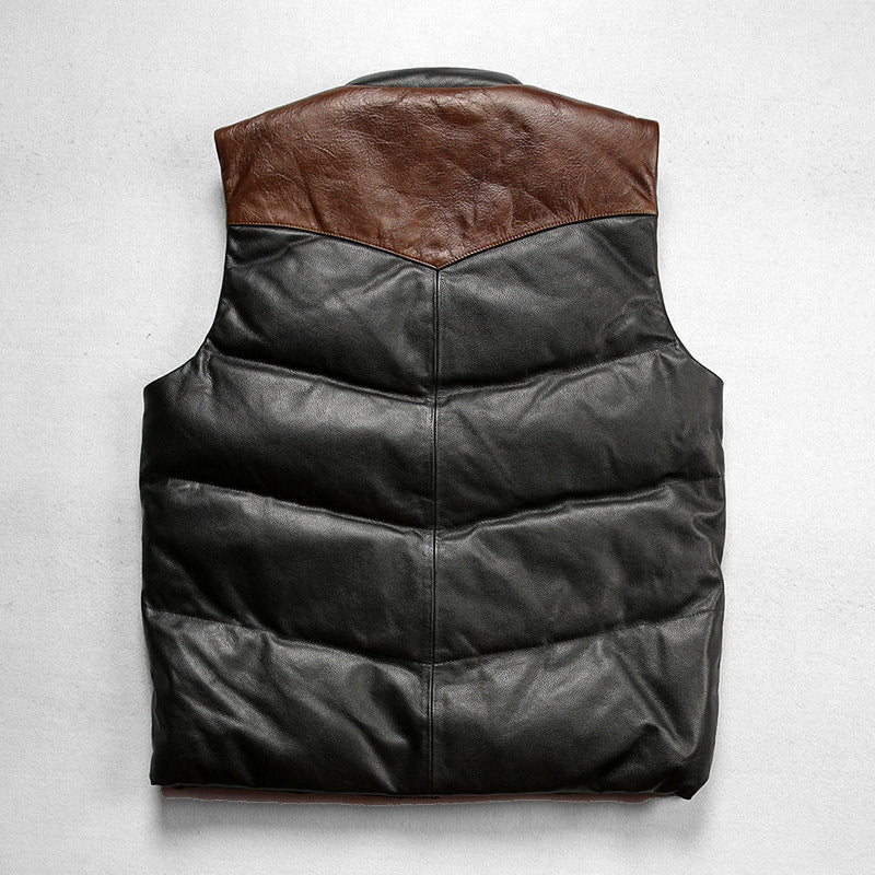 Stand collar casual sports color matching white duck down thickened cowhide vest-A35