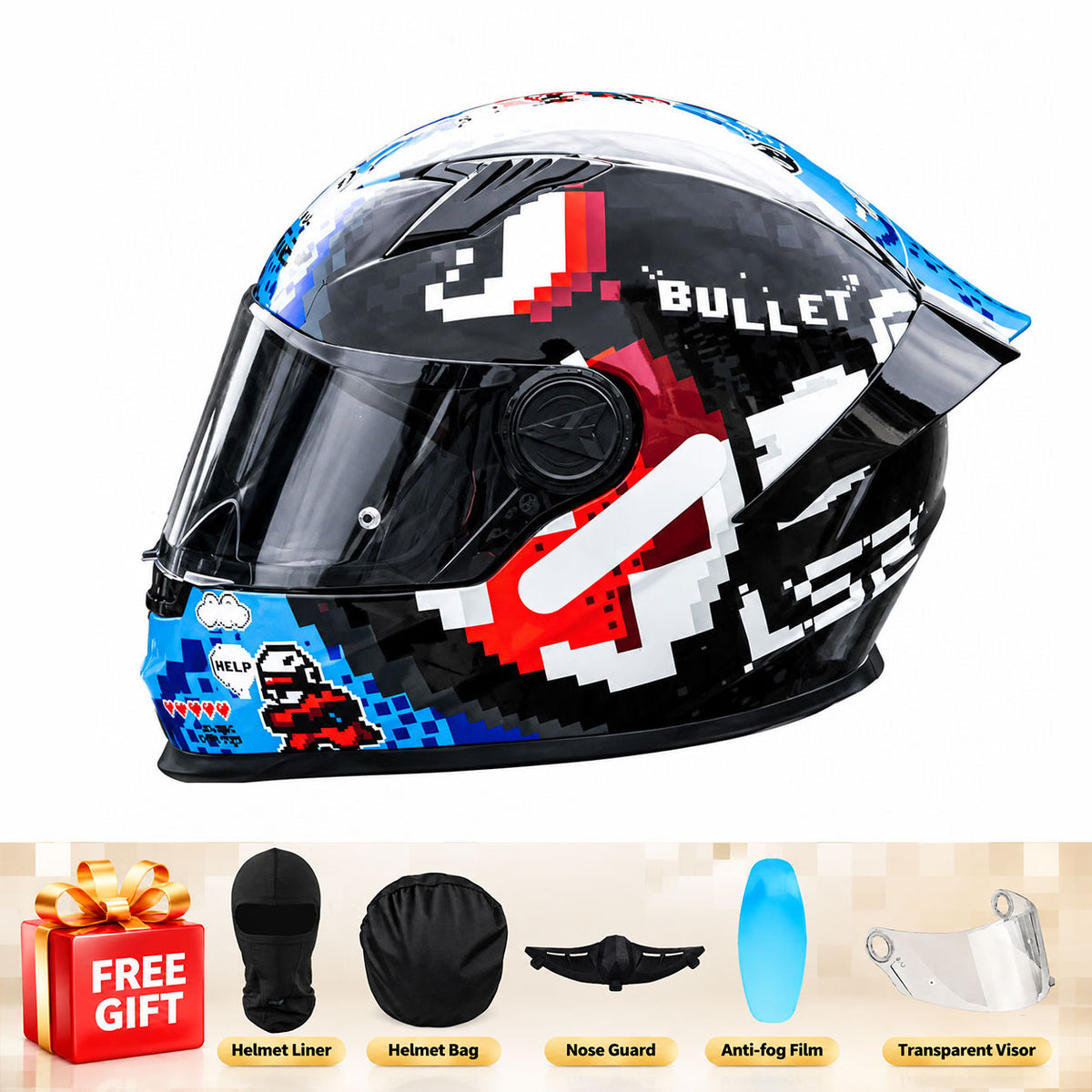 Full-face motorcycle helmet with a large rear spoiler and mosaic pattern-I312