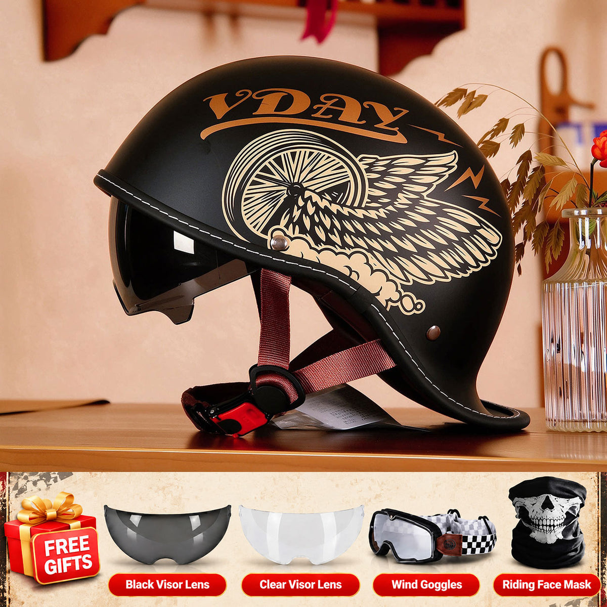 Retro-style motorcycle half-helmet with a ducktail design-I298