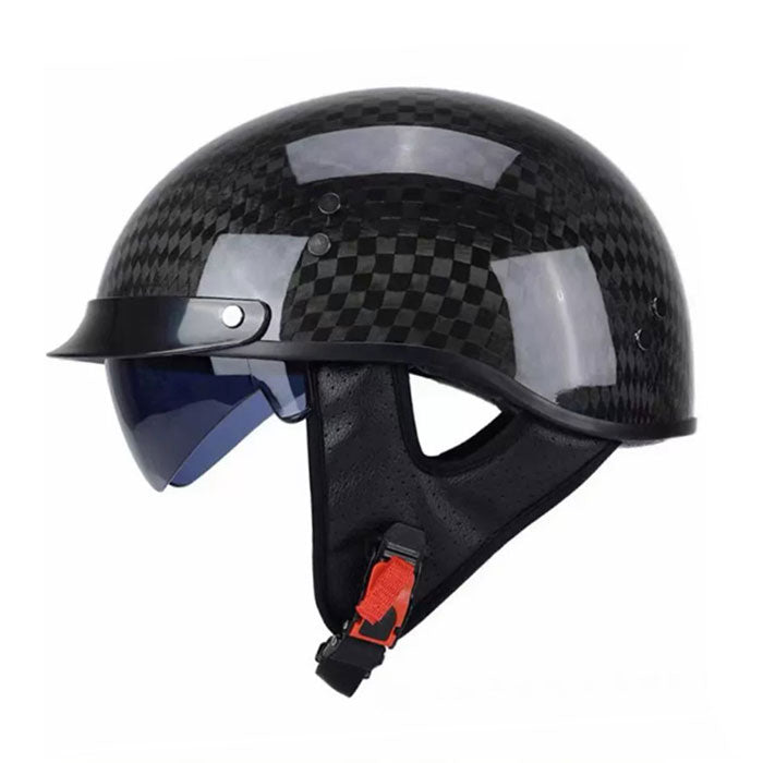 Half-helmet with retro carbon fiber texture and retractable sun visor-I136