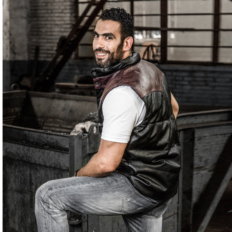 Stand collar casual sports color matching white duck down thickened cowhide vest-A35