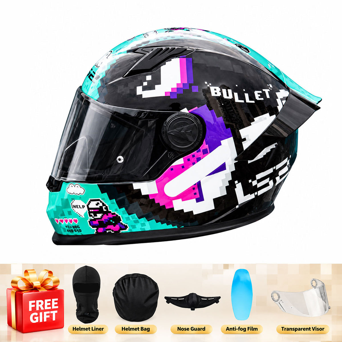 Full-face motorcycle helmet with a large rear spoiler and mosaic pattern-I312