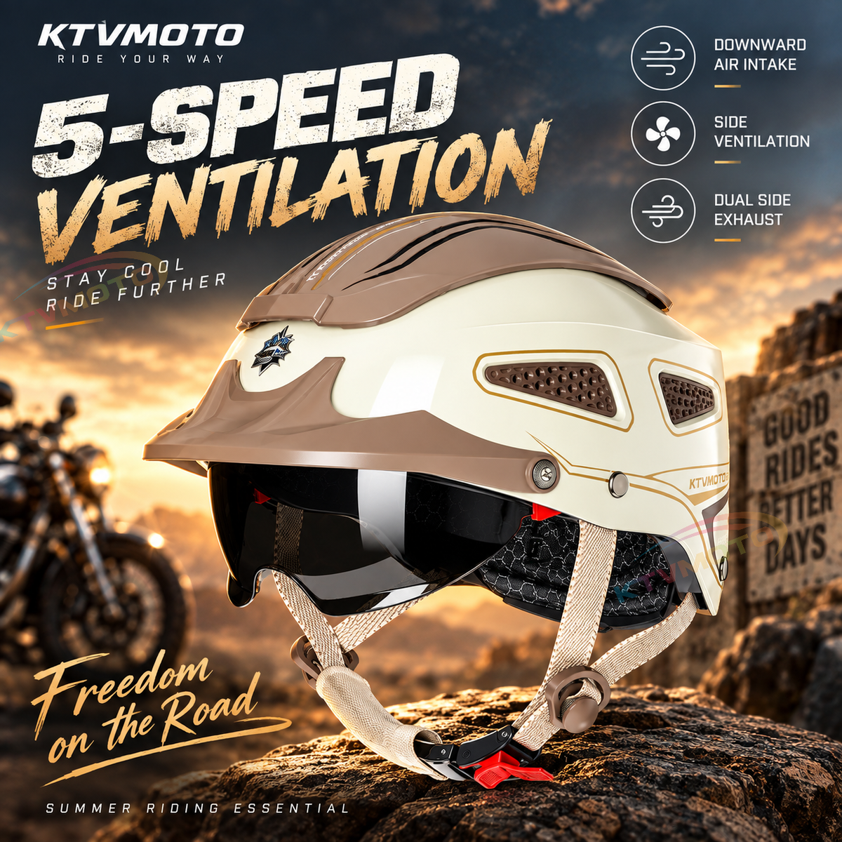KTVMOTO Vintage Motorcycle Half Helmet with Sun Visor-I270