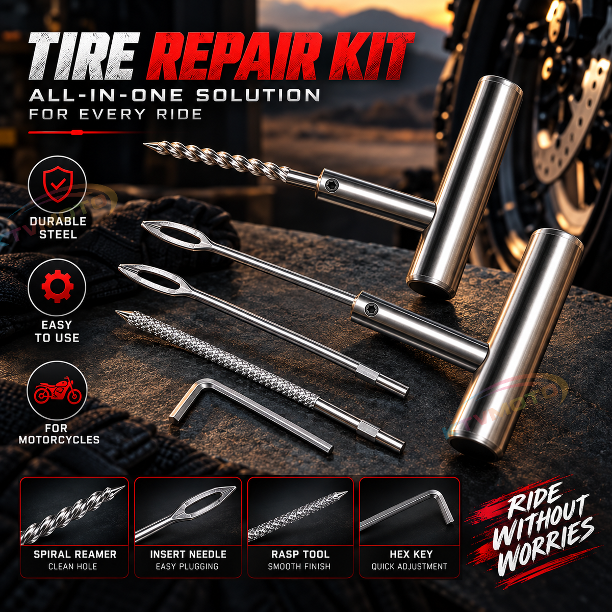 KTVMOTO Motorcycle Touring Tire Repair Kit for Emergency Repairs-MT02