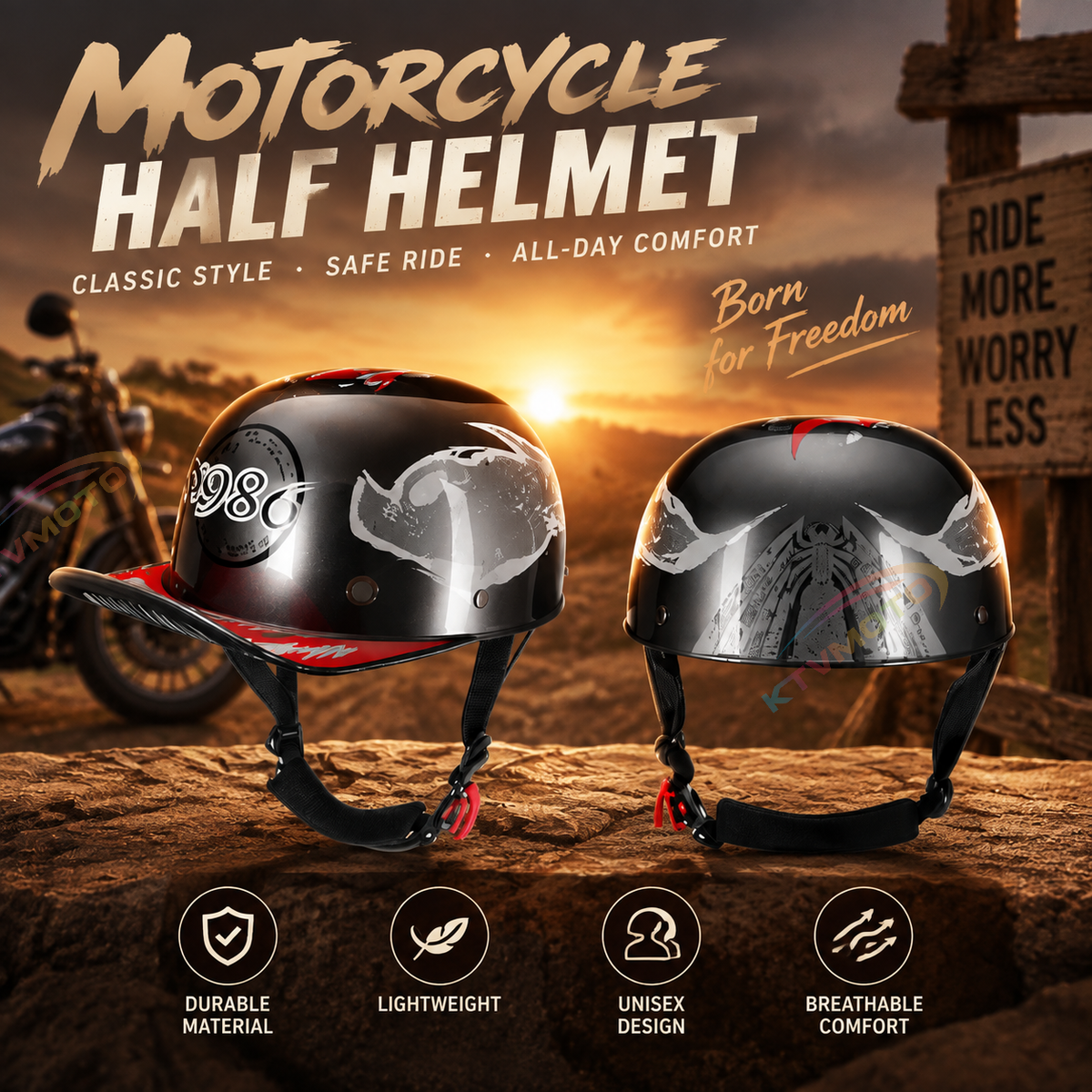 KTVMOTO Open Face Motorcycle Helmet with Visor Vintage Rider Helmet-I275