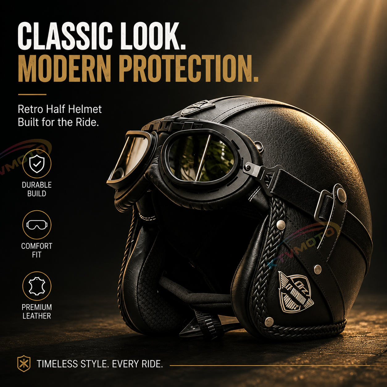 KTVMOTO Matte Leather Retro Motorcycle Half Helmet-I19