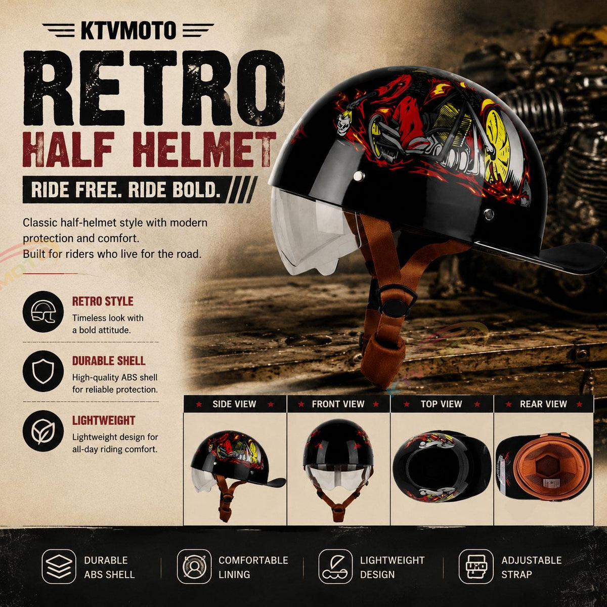 Retro cruiser motorcycle half helmet- I07