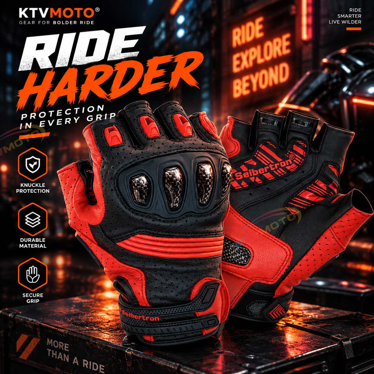 KTVMOTO Motorcycle Carbon Fiber and Leather Fingerless Gloves-G45