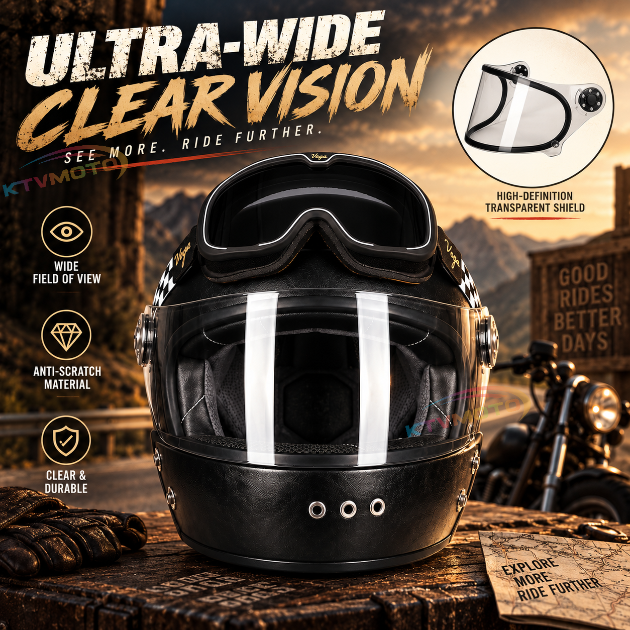 KTVMOTO Retro full-face motorcycle helmet with retro goggles – I36