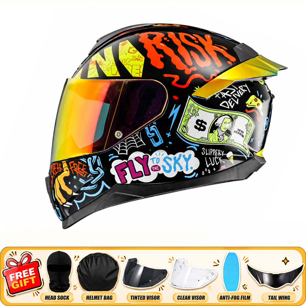 Full-face motorcycle helmet with anti-fog visor and large rear spoiler-I310