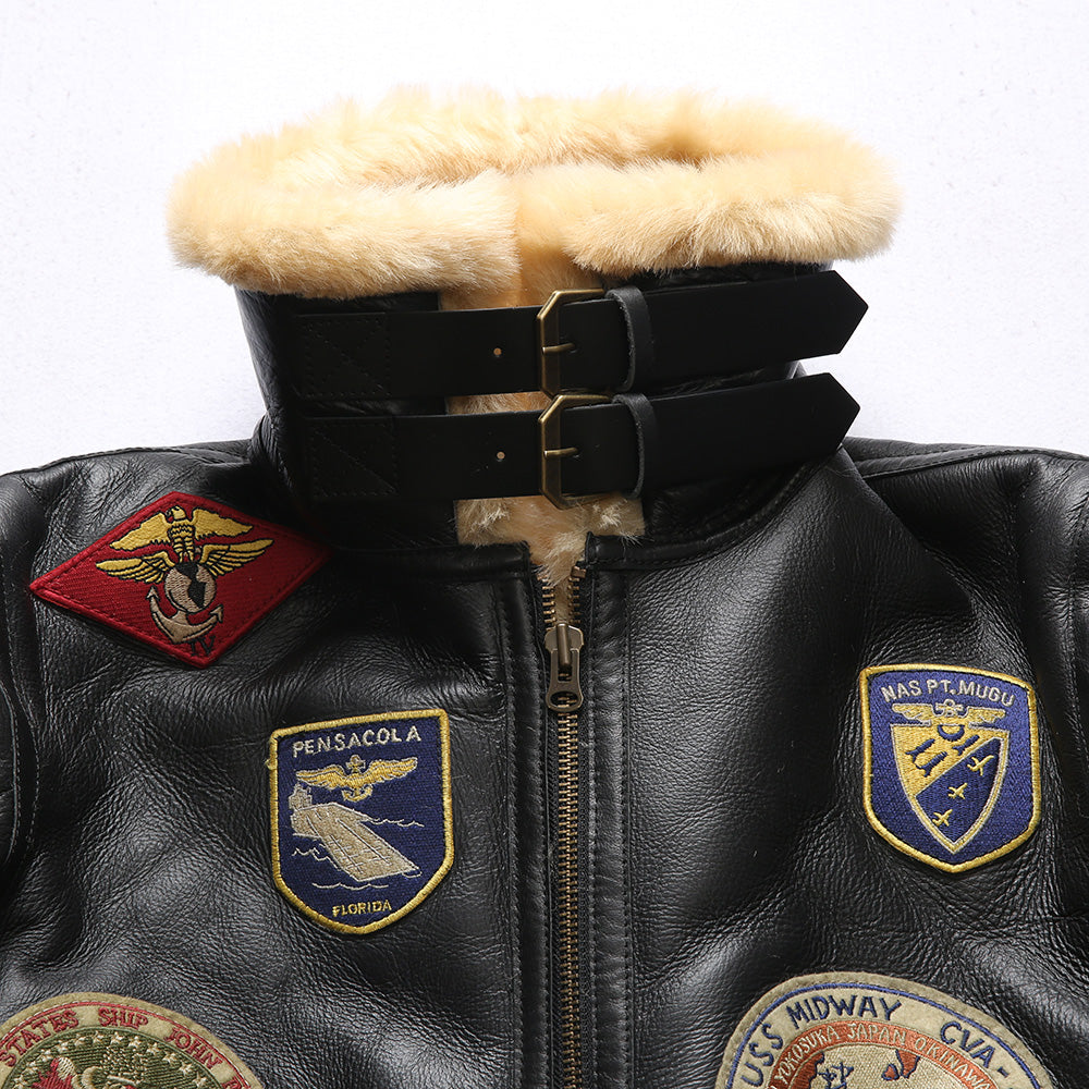 Genuine Sheepskin Bomber Jacket Military Fur-A04