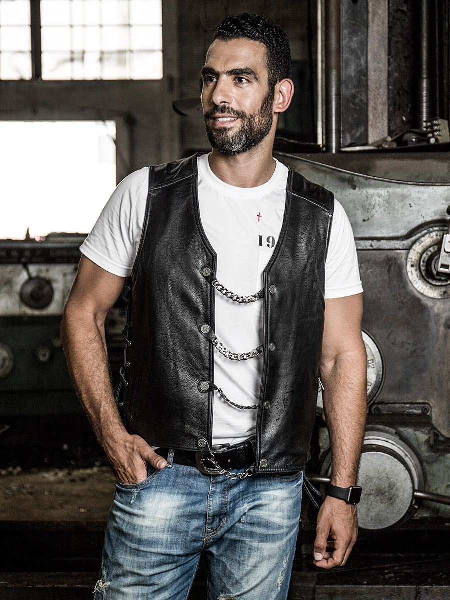 Harley vest steel chain genuine leather vest-A34